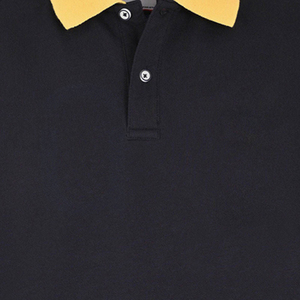 Men's Navy <b>Blue</b> Short Sleeve Knitted <b>Polo</b> <b>Shirt</b> With Cream Collar And Zipper Casual Solid Design Breathable Cotton Fabric - Product Image 5