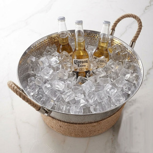 Premium Hammered Stainless Steel Round <b>Ice</b> Bucket With Rope Handles Natural Jute Wrap Elegant Beer Beverage Tub For Wedding - Product Image 2