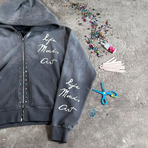 Sweat-shirt à capuche personnalisé exclusif avec strass, style streetwear, oversize, fermeture éclair, pour fans de hip-hop, mode hip-hop pour hommes et femmes - Product Image 5