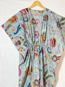 Caftán de Playa de Algodón con Estampado Tropical, Cintura Ajustable, Vestido Maxi Tipo Lounge, Ropa Bohemia para Vacaciones en Resort, Suministro al por Mayor - Product Image 3