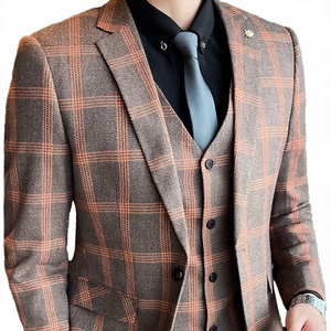 Costume pour homme de style britannique en laine viscose/polyester, motif à carreaux, simple boutonnage, col cranté, coupe classique - Product Image 4