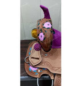 Conjunto de Silla de Montar, Cabezal y Pechopetral de Cuero para Carreras de Barriles, Estilo Western, con Asiento Marrón Turquesa, Diseño Floral Grabado y Pintado, 10"-18", Plástico - Product Image 2