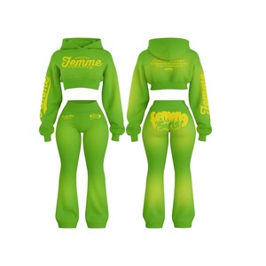Ensemble haut court à capuche et pantalon bleu pour femme, imprimé lettres jaunes, streetwear, tenue tricotée décontractée d'hiver en deux pièces - Product Image 6