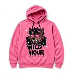 Sudadera con Capucha Rosa, Diseño de Lobo de Dibujos Animados Wild Hour, Unisex, Casual, Estilo Urbano, Otoño, Manga Larga, Cordón Ajustable, Bolsillo Frontal - Product Image 1