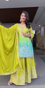 Conjunto de Kurti, Palazzo y Dupatta para Mujer, Bordado en Verde Lima Degradado, Traje de Boda Tradicional Largo hasta el Suelo, Completamente Cosido, Listo para Usar - Product Image 2