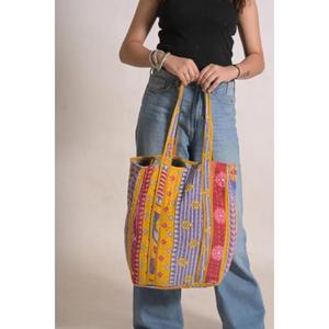 Sac fourre-tout vintage en coton Kantha, fait main, style bohème indien, pour l'hiver, le printemps, l'été, l'automne, fermeture ouverte, écologique, réutilisable - Product Image 2