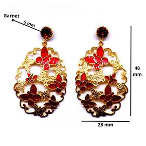 Boucles d'oreilles pendantes vintage plaquées or avec fleurs et cristaux rouges, bijoux de fête pour femmes - Product Image 2