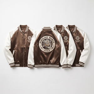 Wholesale Supplier Satin Souvenir Jacket Slate Grey Lilac Amethyst Cavern Geode Embroidery Baseball Bomber <b>Coat</b> - Product Image 3