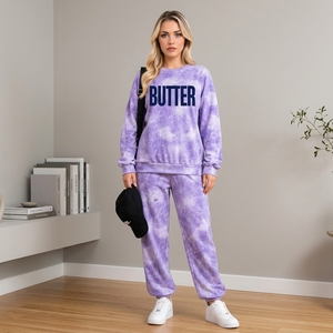 Ensemble de survêtement pour femme Butter, tie-dye vert, col rond, manches longues, coupe ample avec poches latérales, style décontracté automne - Product Image 2