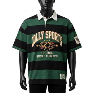 T-shirt de rugby pour homme en jersey de coton premium 240 GSM, coupe oversize, vert et noir à rayures, col polo, logo imprimé à l'écran - Product Image 1