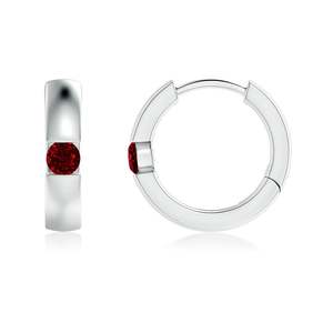 14kt <b>White</b> Gold Ruby Huggie Hoop Earrings, Bezel <b>Set</b> Round Ruby Earrings, Minimalist Fine Jewelry for Women Gift for Her - Product Image 1