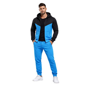 Ensemble de survêtement contrasté noir et bleu pour homme, sweat à capuche zippé et pantalon de jogging, coupe ajustée, vêtements de sport décontractés, vêtements de course pour homme - Product Image 4