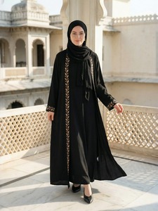 Abaya noire brodée à manches longues, robe modeste longue jusqu'au sol pour femmes, style Moyen-Orient, tenue quotidienne, couleur unie, coupe ample - Product Image 3