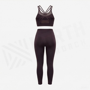 <b>Women</b> 2 Piece Yoga Set Crisscross <b>Mesh</b> Crop <b>Top</b> High Waist Leggings Solid Seamless Gym Activewear - Product Image 2