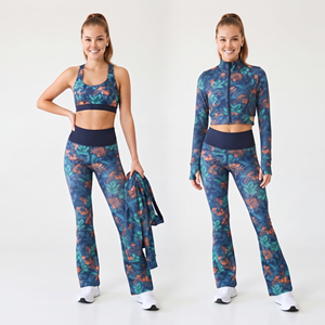 Women Floral Print Yoga Sports Bra <b>Flare</b> <b>Leggings</b> Full Length Sleeveless Racerback Crop Jacket 3 Piece Compression <b>Gym</b> Set - Product Image 1