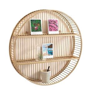 Round Rattan Wall <b>Shelf</b> Three-Layer Bohemian Storage Rack for Living Room Wall Mounted Plant Fiber Decor - Product Image 1