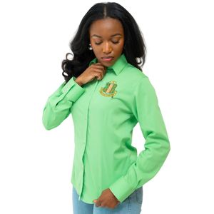 Camisa Oxford de chenilla premium de color verde menta para mujer, de manga larga, bordada y con botones. - Product Image 1