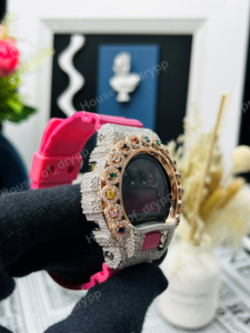 Iced Out VVS Moissanite <b>Watch</b> Round Shape Bezel Multi Color Diamond Digital <b>Watch</b> Pink <b>Rubber</b> Band <b>Watch</b> - Product Image 4