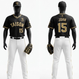 Uniforme de baseball pour hommes, jersey noir et or en maille polyester premium 180 GSM, pantalon blanc avec passepoil contrastant, logo personnalisé en twill, Pro - Product Image 1