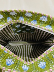 Green Floral Quilted 100% Cotton Tote <b>Bag</b> with Zipper Closure Long Handle <b>Medium</b> <b>Size</b> for Groceries From Rajasthan - Product Image 3