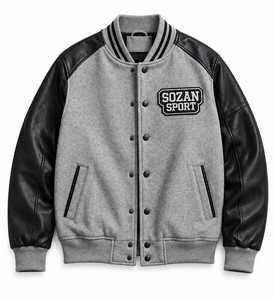 Veste universitaire pour homme en laine avec manches en cuir, style baseball, patch brodé, col rond, décontractée, hiver, polaire, streetwear - Product Image 1