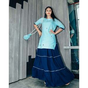Robe-jupe pour femme en rayonne et mousseline, brodée à la main, taille naturelle, confortable, bleu aquatique, avec Potli, taille XS - Product Image 6