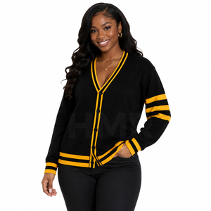 Cárdigan de Invierno Vintage Ecológico Personalizado HMR, Cárdigan de Punto a Rayas Negro y Amarillo, Cuello en V, Manga Larga, Informal - Product Image 1