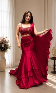 Ensemble de sari sirène élégant en satin et dentelle rouge, deux pièces avec dupatta, pour femme, toutes saisons, tenue ethnique, mariage, fête, séchage rapide - Product Image 6