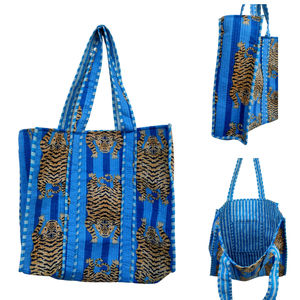 Bold <b>Blue</b> Tiger Print Block Print <b>Tote</b> <b>Bag</b> - Handcrafted Cotton Sustainable Carrier - Product Image 1