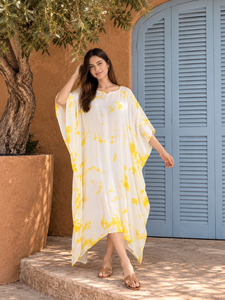 Yellow Tie Dye Chiffon <b>Kaftan</b> <b>Dress</b> Maxi Loose Fit Asymmetrical Hem Summer Casual Wear O-Neck Cap Sleeve - Product Image 1