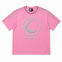 T-shirt rose oversize à manches courtes avec logo lune en strass sur le devant, style streetwear, coupe jersey pour homme