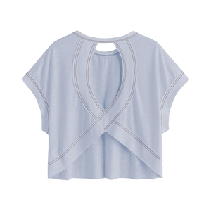 Top Corto de Mujer Azul Claro de Color Sólido con Manga Casquillo, Espalda Cruzada Asimétrica, Tejido Transpirable y Ajuste Holgado para Primavera Verano - Product Image 1