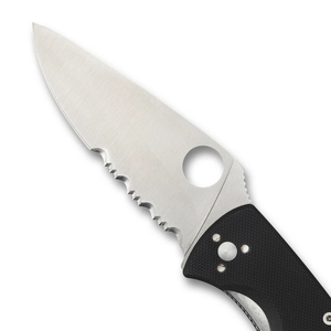Couteaux de poche pliants à lame argentée avec manche ergonomique noir, bord de coupe partiellement dentelé, trou rond pour le pouce et clip métallique - Product Image 5