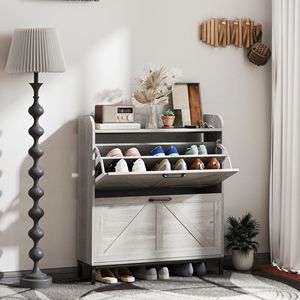 Armoire à chaussures étroite gris clair avec 2 tiroirs rabattables pour entrée et couloir - Product Image 2