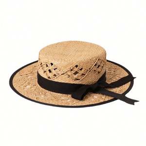 Sombrero de Paja Rafia Hecho a Mano, Estilo Europeo Americano, Primavera-Verano, con Copa Plana, Decoración de Lazo Hueco, Casual - Product Image 5