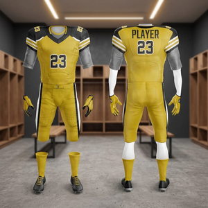 Esta imagen muestra un conjunto de uniforme de fútbol americano personalizado en dorado y negro, completo con una camiseta, pantalones, guantes, calcetines y botas con tacos. - Product Image 4