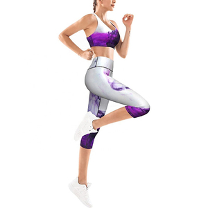Purple Abstract Print Yoga Set Women 2 Piece High Waist <b>Crop</b> <b>Top</b> Capri Leggings Breathable Spandex Polyester Workout Wear - Product Image 4