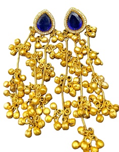 Pendientes Largos en Forma de Campana de Latón Dorado Hechos a Mano con Topacio Azul de Cachemira, Joyería Tradicional de Moda, Venta al Por Mayor - Product Image 1