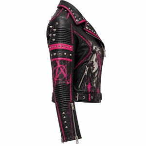 Chaqueta de Cuero Genuino para Mujer, Estilo Gótico Punk, Personalizada con Tachuelas, Cinturón Metálico, Chaqueta Corta, Proveedor de Fábrica OEM - Product Image 3