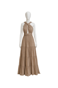Robe longue élégante beige à col halter et dos nu pour femme, robe de soirée plissée de luxe style bohème pour les fêtes estivales et les tenues de villégiature - Product Image 1