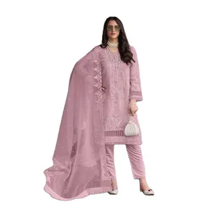 批量供应最新设计时尚巴基斯坦和印度时尚Salwar Kameez欧根纱材料3件套连衣裙待售