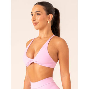 Conjunto de Leggings y Sujetador de Yoga de 2 Piezas para Mujer, Diseño OEM Personalizado, Reversible, Color Rosa Caramelo Sólido, Cintura en V, Transpirable y Ecológico - Product Image 6