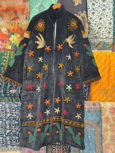 Black Embroidered Velvet Kimono Coat Handcrafted Long <b>Duster</b> Jacket Boho Statement Outerwear Festival Wear Summer 100% Cotton - Product Image 2