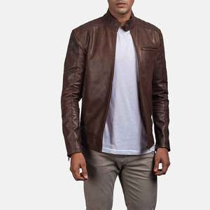 Chaqueta de Motociclista de Cuero Genuino para Hombre, Cierre de Cremallera, Color Marrón, Corte Ajustado, Estilo Otoñal - Product Image 1