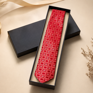 Corbata con patrón cuadrado en rojo y oro rosa |   Corbata de Diseño Premium para Hombre, para Oficina, Negocios, Bodas y Eventos |   Corbata de Moda Moderna - Product Image 2