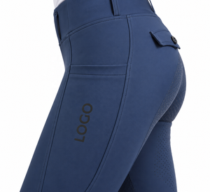 Pantalon d'équitation pour femme bleu marine taille haute avec grip en silicone intégral, poches latérales et coupe extensible - Product Image 3