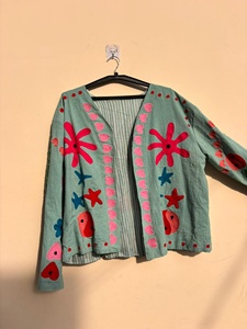 Classic Suzani Floral Embroidery <b>Jacket</b> Cropped <b>Hippie</b> Coat Women Winter Warm Artisanal Outerwear Wholesale Export Quality - Product Image 3
