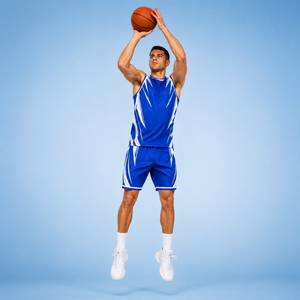 Ensemble de maillots de basket-ball bleus pour hommes, sans manches, col en V, imprimé géométrique sublimé, vêtements de sport respirants, noms d'équipe personnalisés - Product Image 5