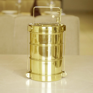 Indian-made hammered brass tiffin, 3 tier vintage lunch <b>box</b>, locking handle food carrier, available at wholesale prices. - Product Image 3