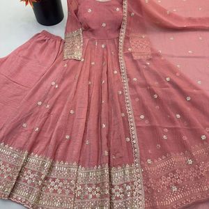 Luxury Crunchy Silk Embroidered <b>Sequin</b> Work Gown Set with <b>Pant</b> and Dupatta for Women Festive Party Wear Wedding Ethnic Outfit - Product Image 6
